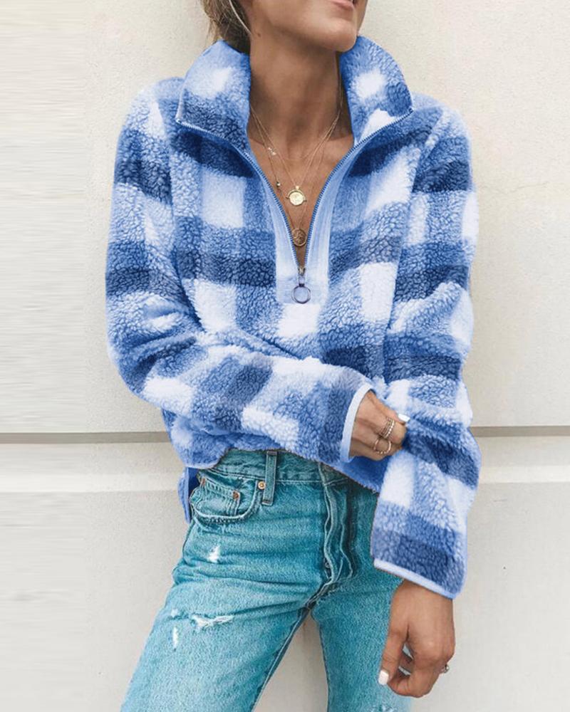 

Zipper Design Long Sleeve Fluffy Plaid Sweatshirt, Blue