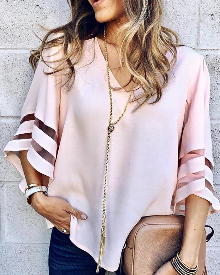 

V-Neck Mesh Striped Insert Casual Blouse, Pink