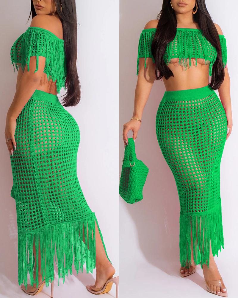 

Tassel Design Crochet Cover Up Top & Maxi Skirt Set, Green