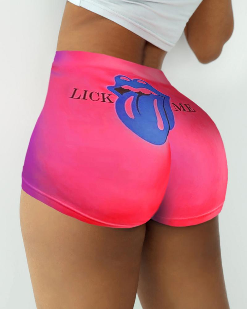 

Lip Letter Print High Waist Casual Shorts, Pink