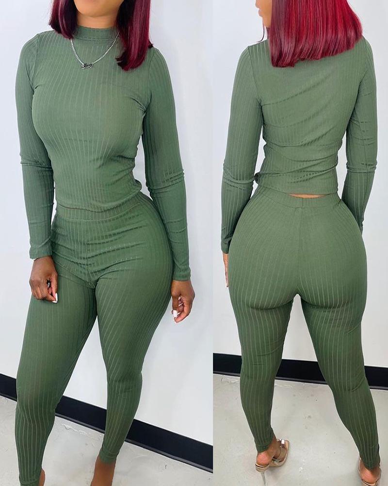 

Ribbed Long Sleeve Top & High Waist Pants Set, Green