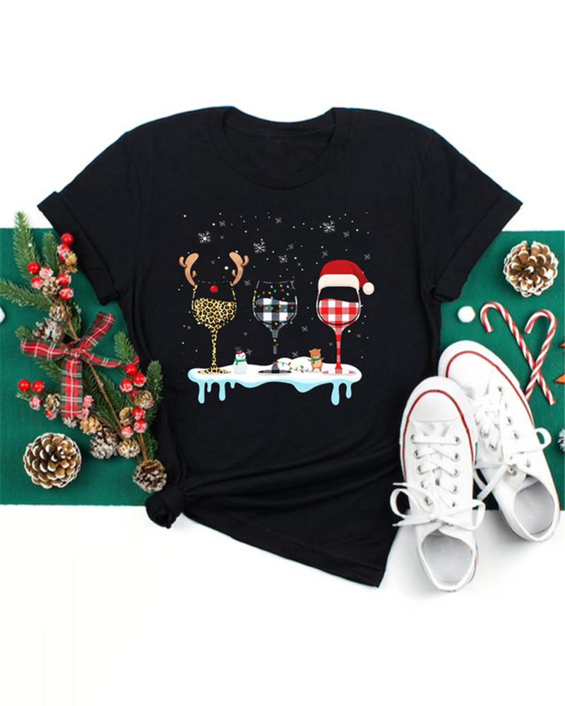 

Christmas Wine Glasses Print Short Sleeve Top, Style3