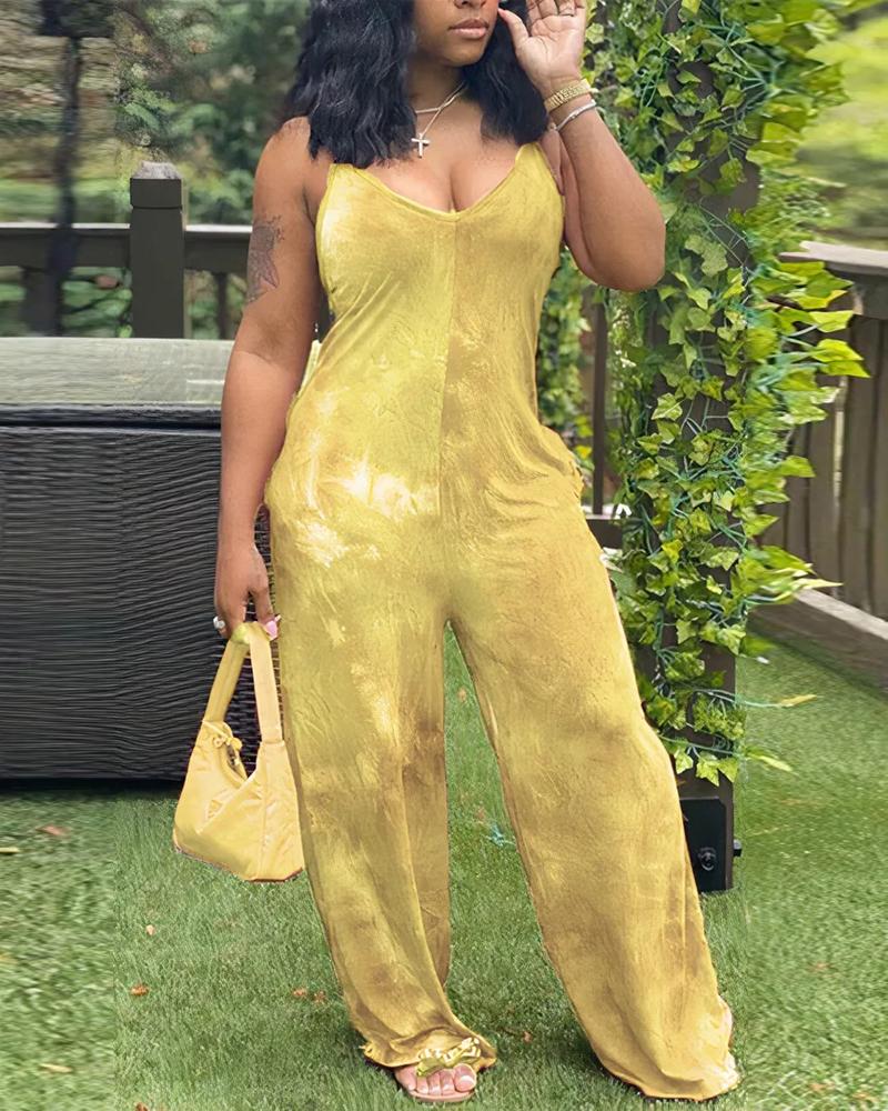 

Tie Dye Print Spaghetti Strap Jumpsuit, Yellow