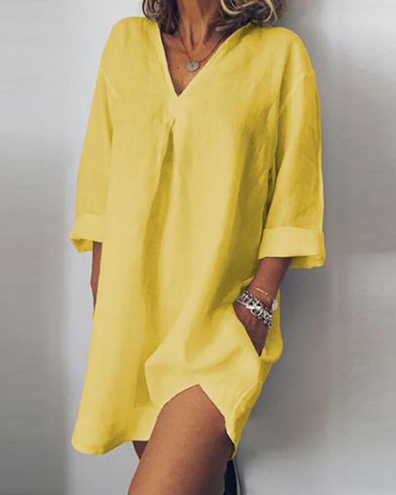 

Plain Long Sleeve Casual Dress, Yellow