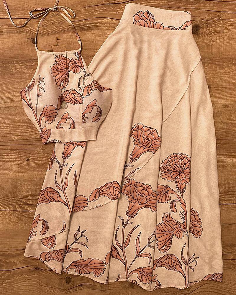 

Floral Print Backless Top & Pleated Skirt Set, Khaki