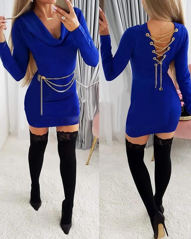 

Chain Decor Cowl Neck Dress, Blue