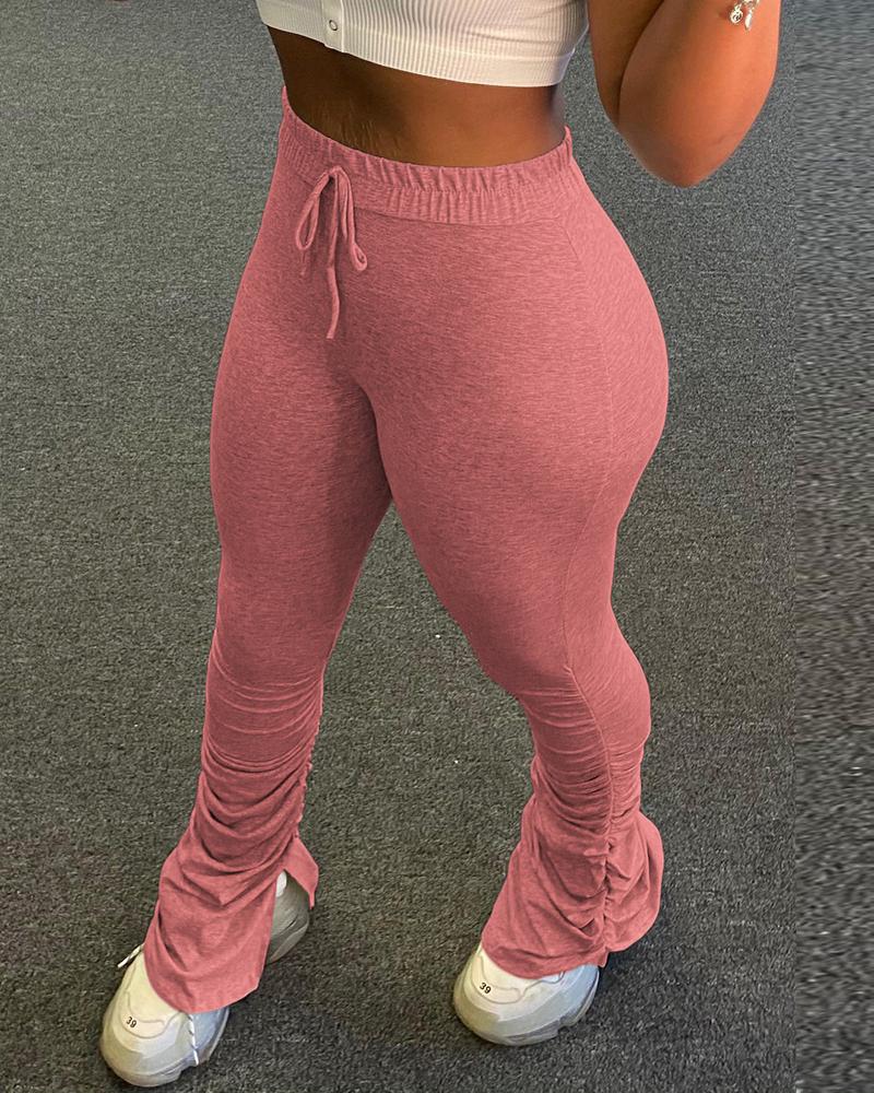 

High Waist Fold Slit Drawstring Bootcut Pants, Pink