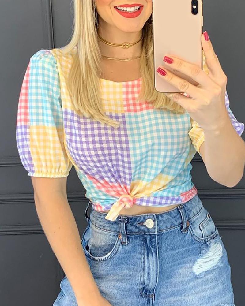 

Plaid Print Colorblock Puff Sleeve Top, Multicolor