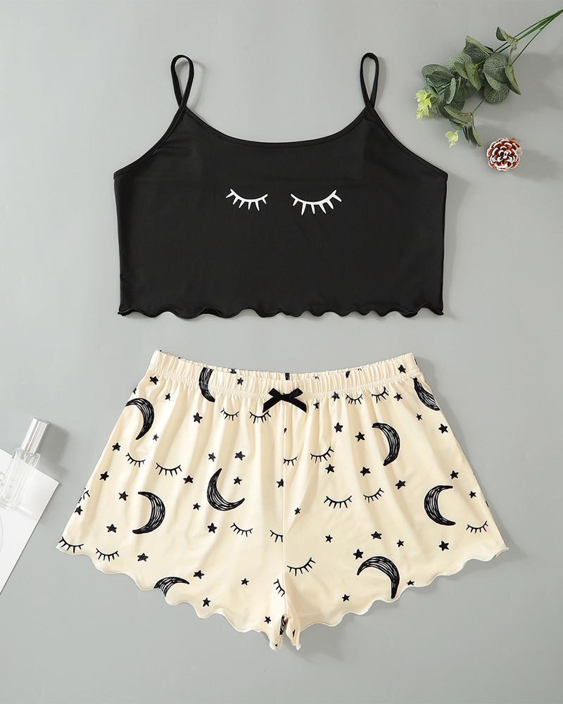 

Plus Size Moon Star Eyelash Print Bow Decor Cami Set, Apricot