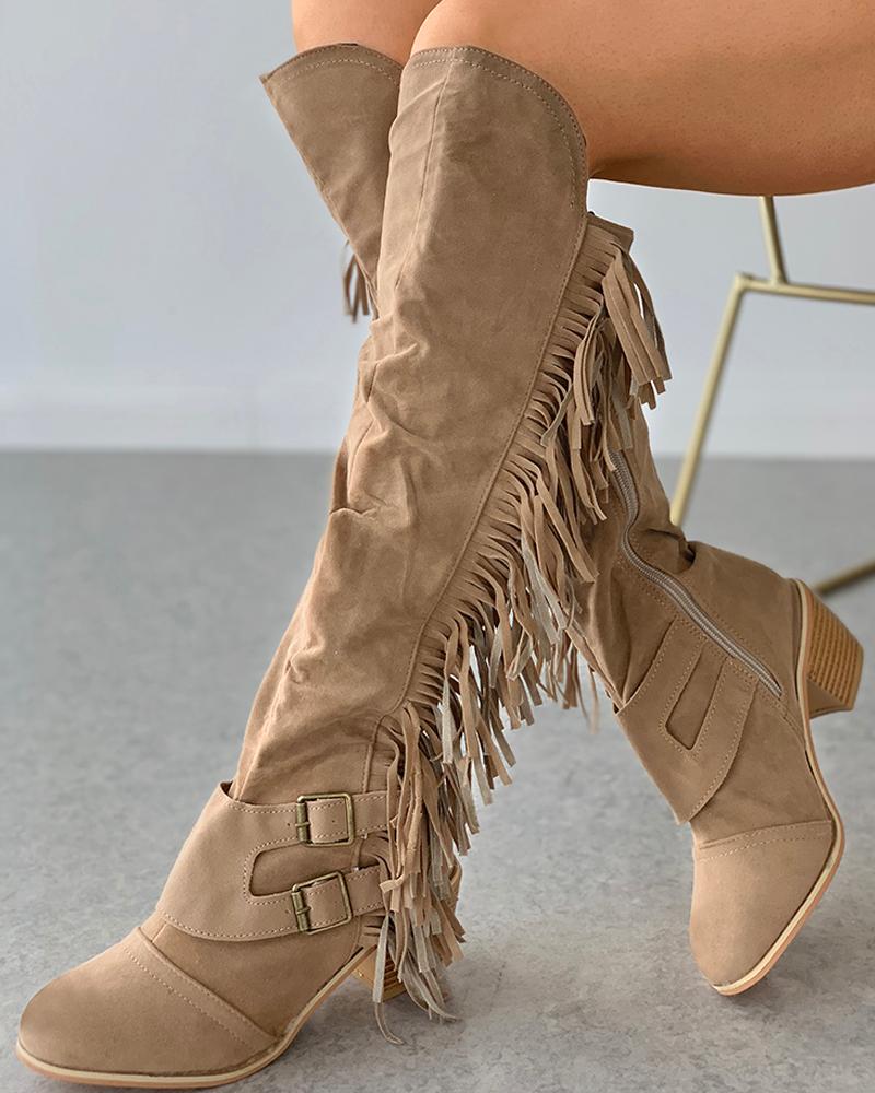 

Tassel Design Buckle Chunky Boots, Khaki