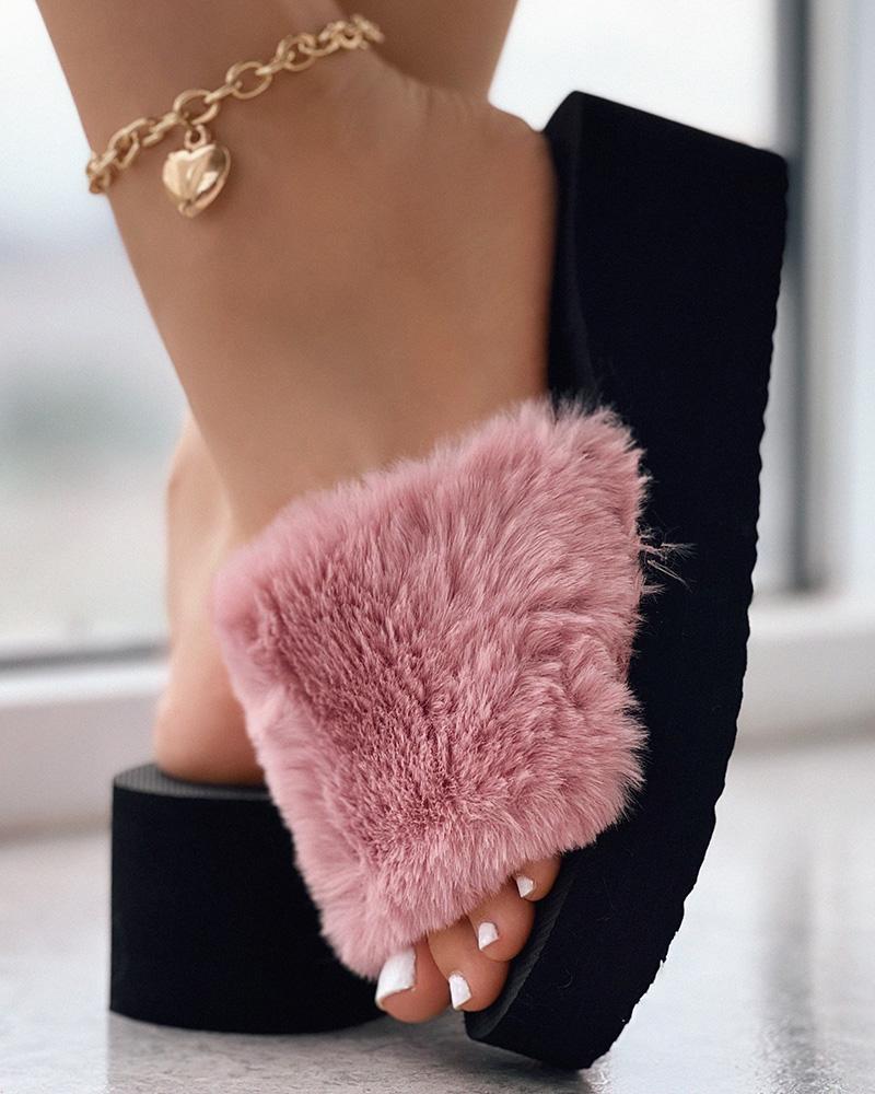 

One Strap Platform Fuzzy Slippers, Pink