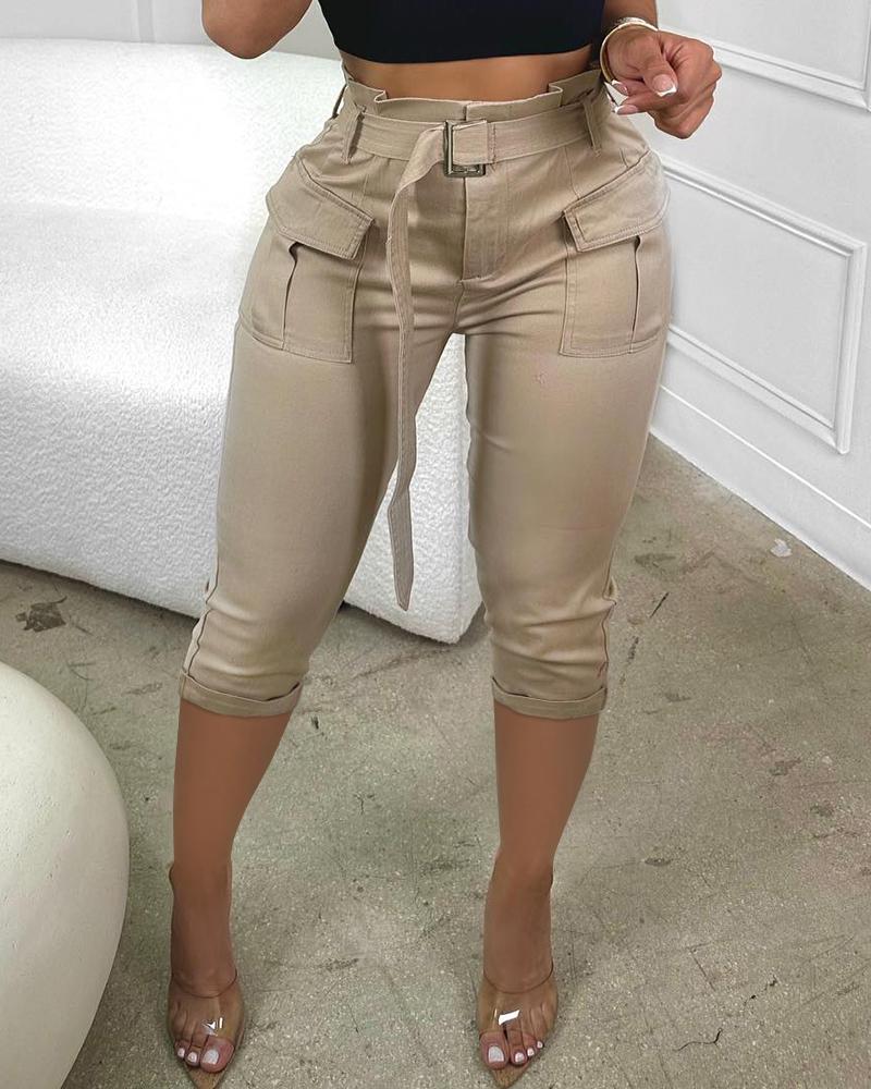 

Pocket Design Paperbag Waist Cargo Pants With Belt, Khaki