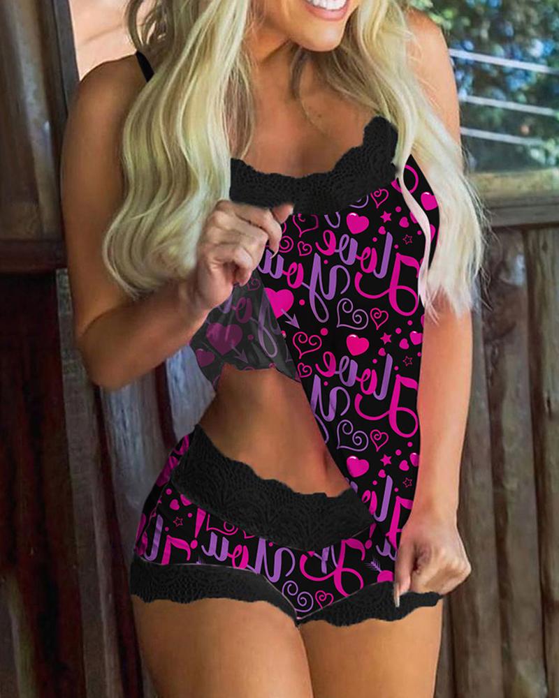 

Letter Heart Print Contrast Lace Cami Sets, Black