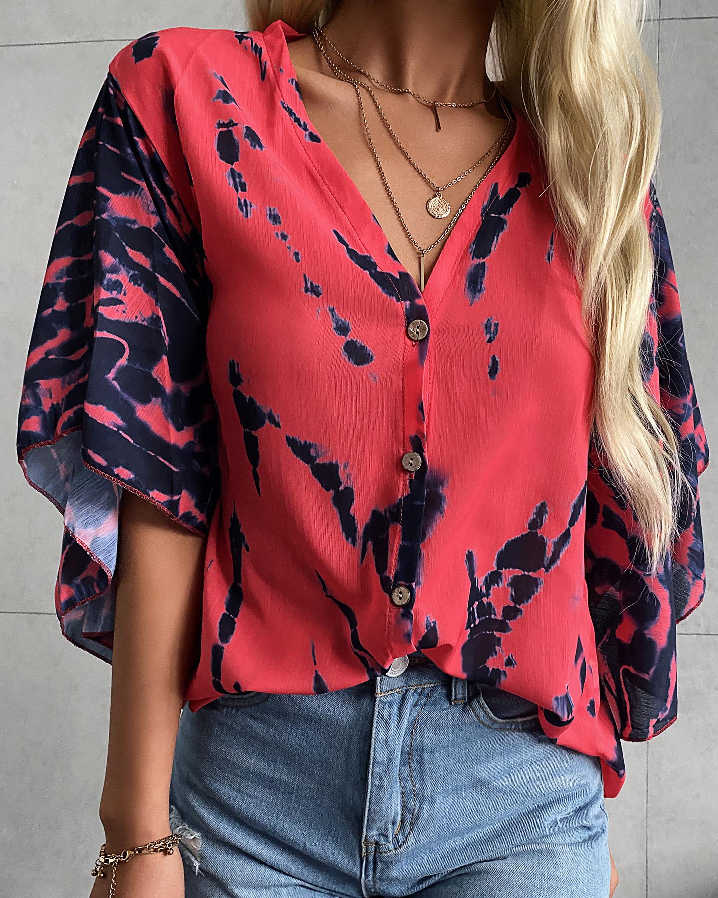 

Tie Dye Print Batwing Sleeve V-Neck Top, Red
