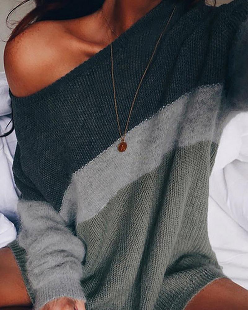 

One Shoulder Long Sleeve Striped Knit Sweater, Gray