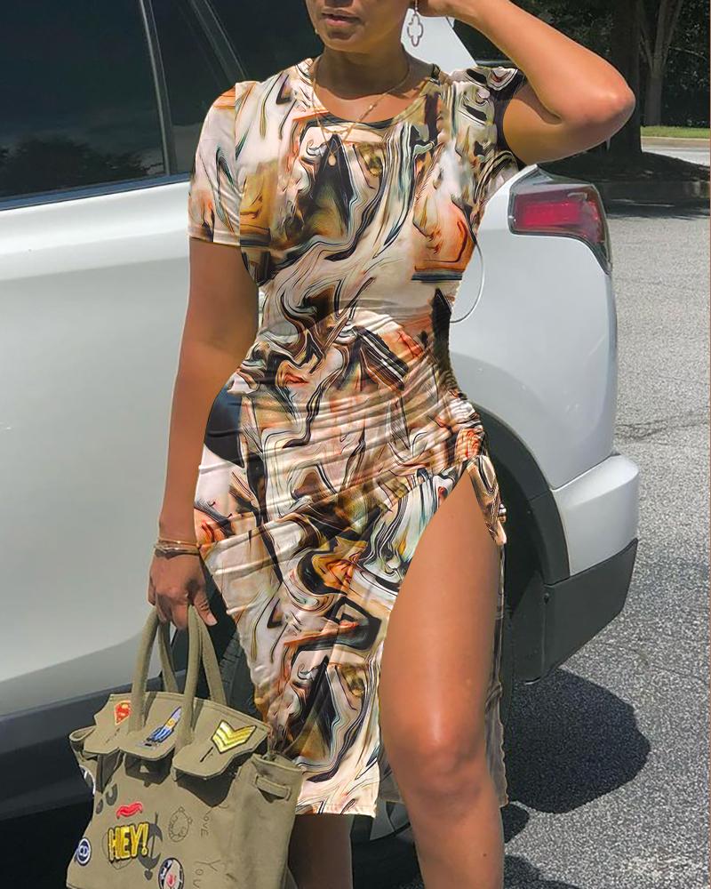 

Tie Dye Print Drawstring Ruched Slit Dress, Apricot