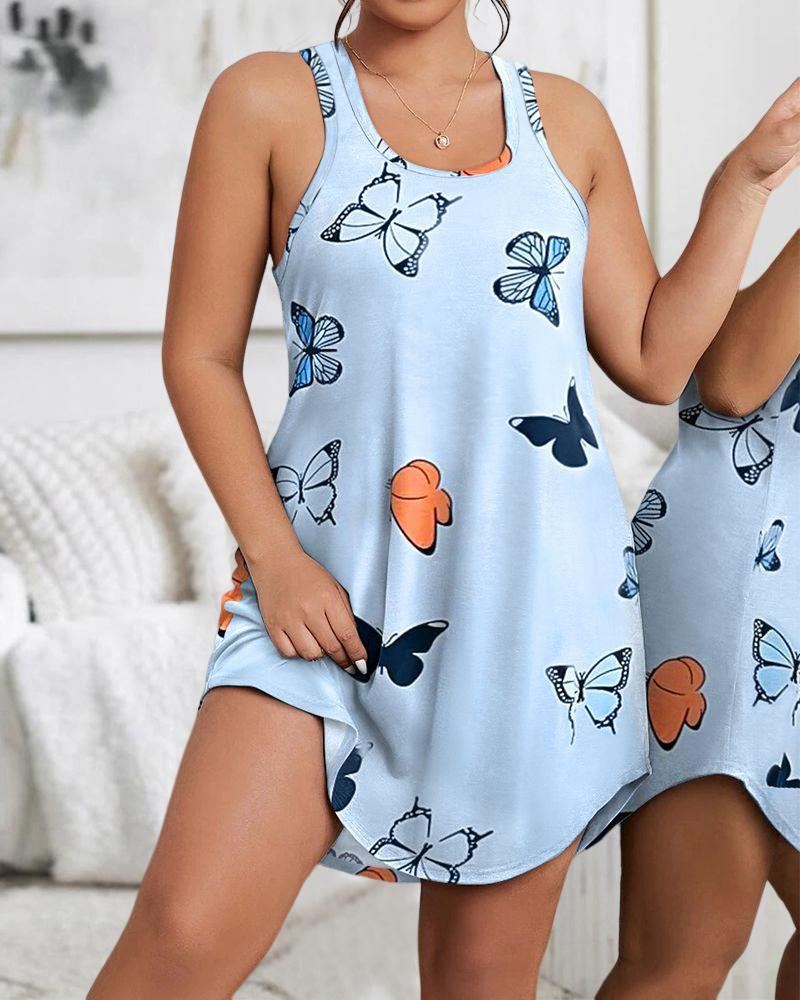 

Plus Size Butterfly Print Sleeveless Sleep Dress, Blue