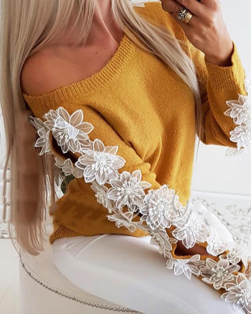 

Floral Pattern Fluffy Cutout Long Sleeve Sweater, Yellow