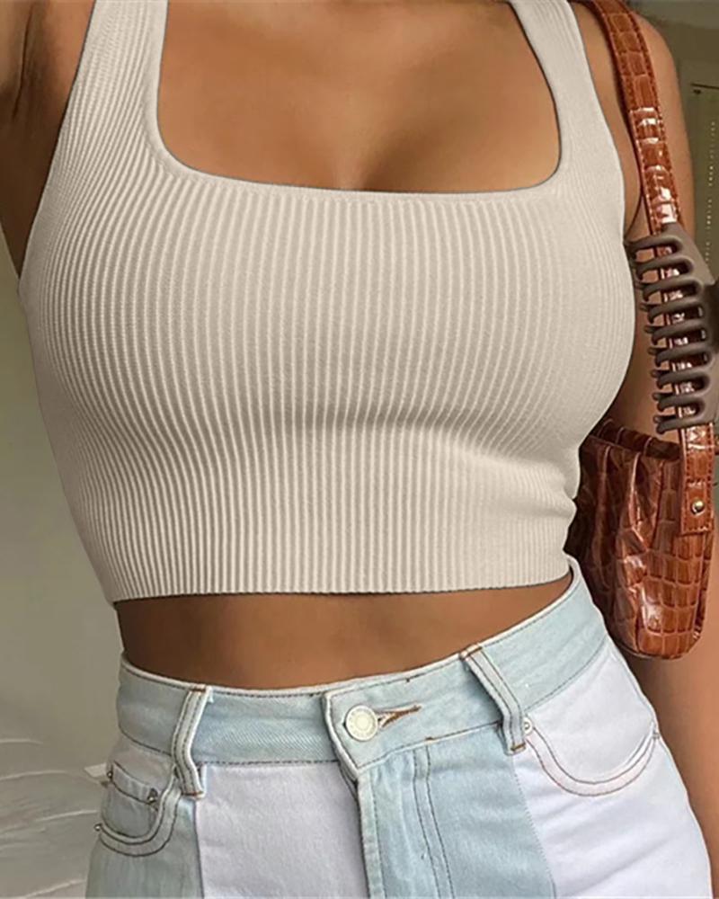 

Thick Strap Square Neck Knit Crop Top, Nude