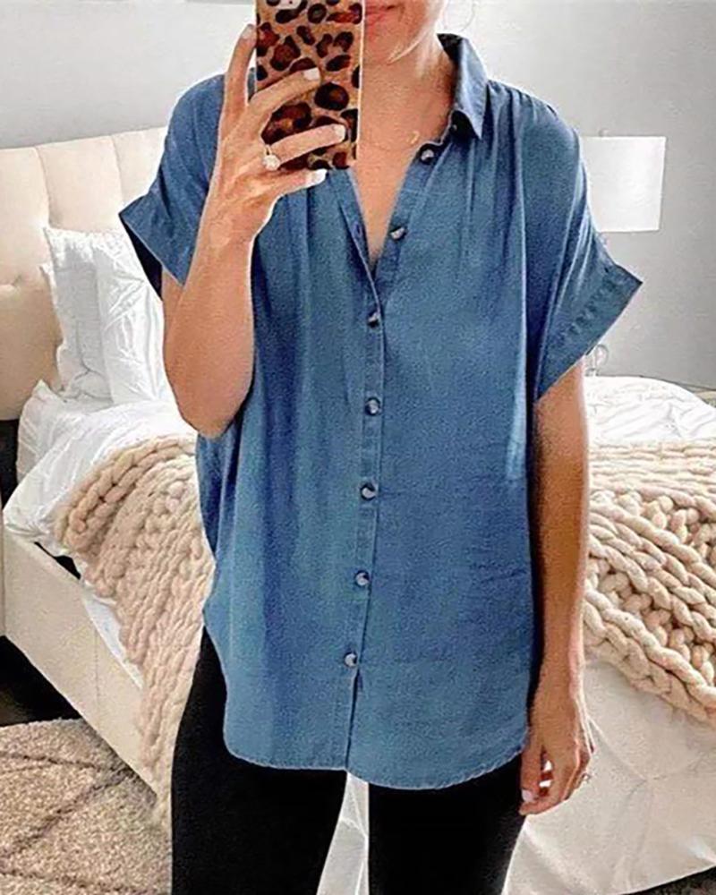 

Solid Color Short Sleeve Denim Shirt, Blue