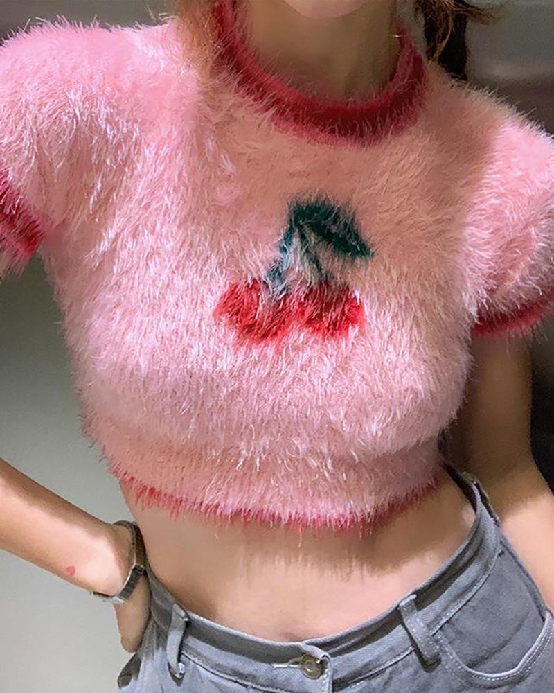 

Cherry Print Contrast Binding Fluffy Crop Top, Pink