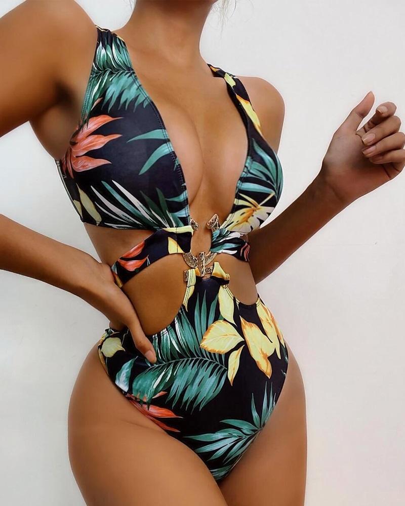 

Tropical Print Cutout Tied Detail One-Piece Swimsuit, Multicolor