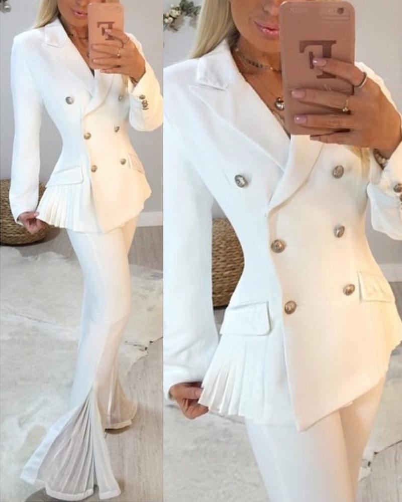 

Long Sleeve Lapel Collar Double Breasted Blazer, White
