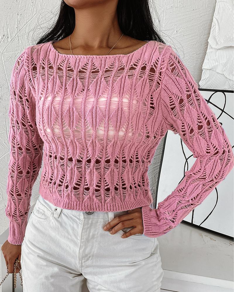 

Hollow Out Long Sleeve Sweater, Pink