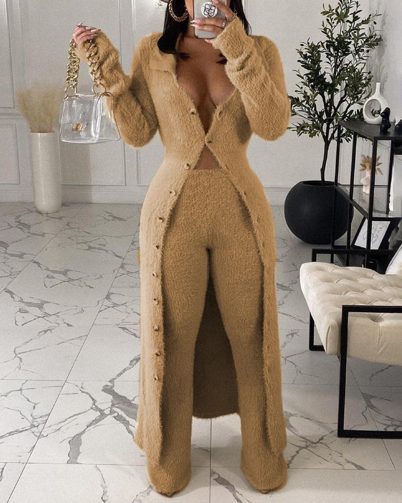 

Button Design Long Sleeve Fluffy Coat & Pants Set, Khaki