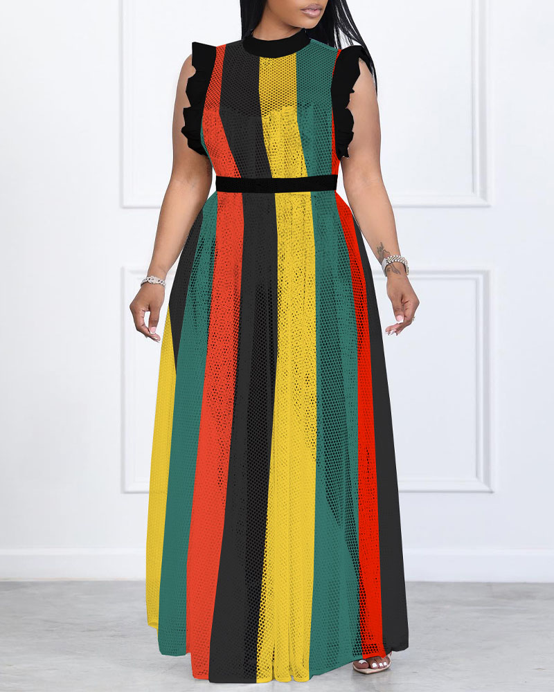 

Colorblock Striped Print Ruffle Hem Hollow Out Maxi Dress, Multicolor