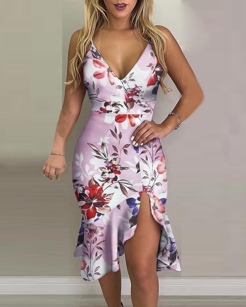 

Ruffles Trim High Slit Floral Print Dress, Multicolor