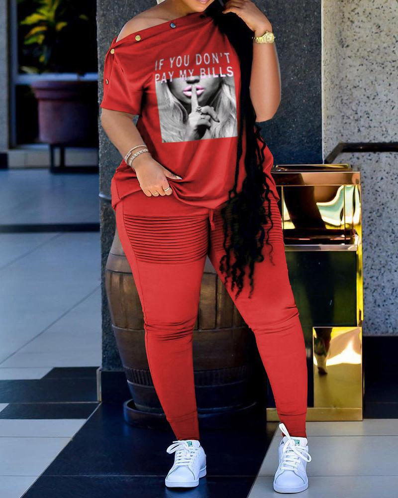 

Plus Size Slogan Print Casual Top & Pants Set, Red