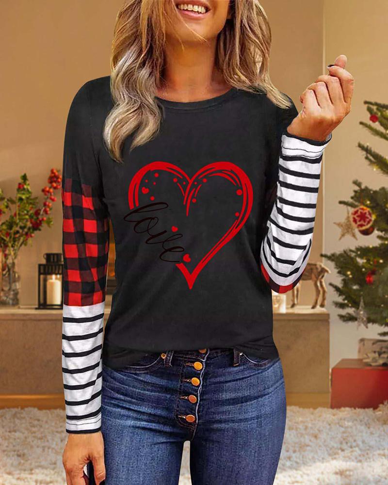 

Valentine' Day Striped Heart Plaid Print O-Neck Top, Style2