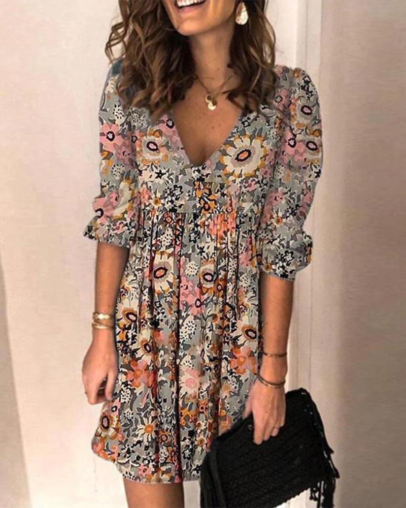 

Puff Sleeve Vintage Floral Print Casual Dress, Multicolor
