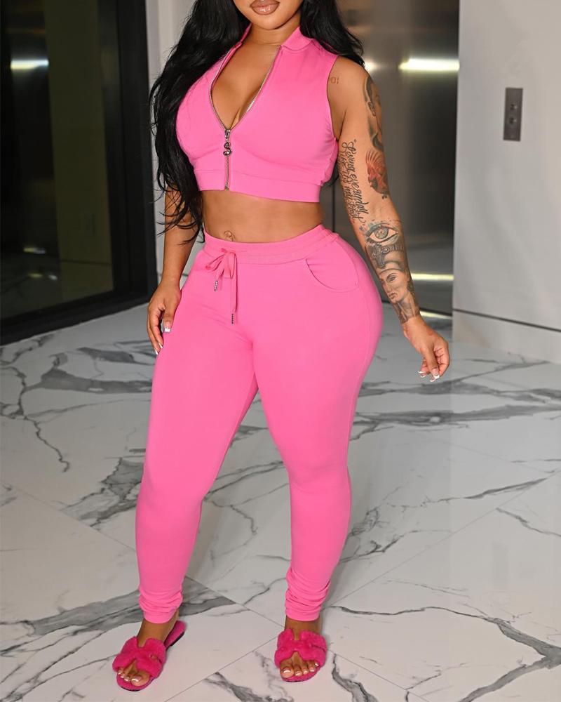 

Sleeveless Zip Up Crop Top & Drawstring Pants Set, Pink