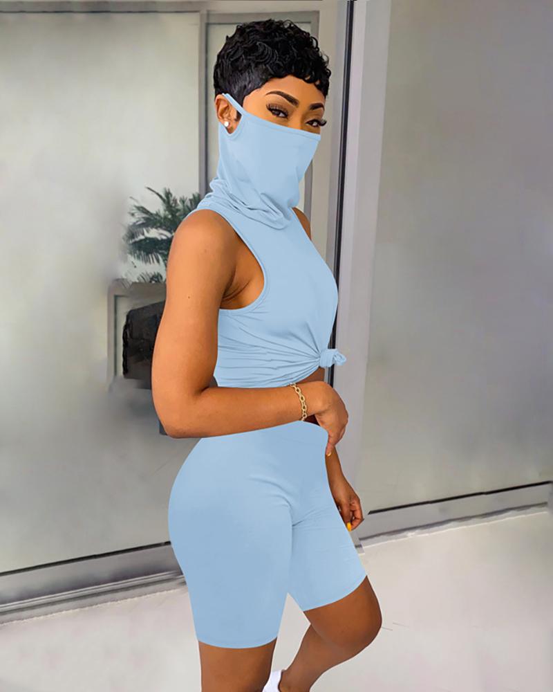 

Solid Sleeveless Casual Top & Shorts Set, Light blue