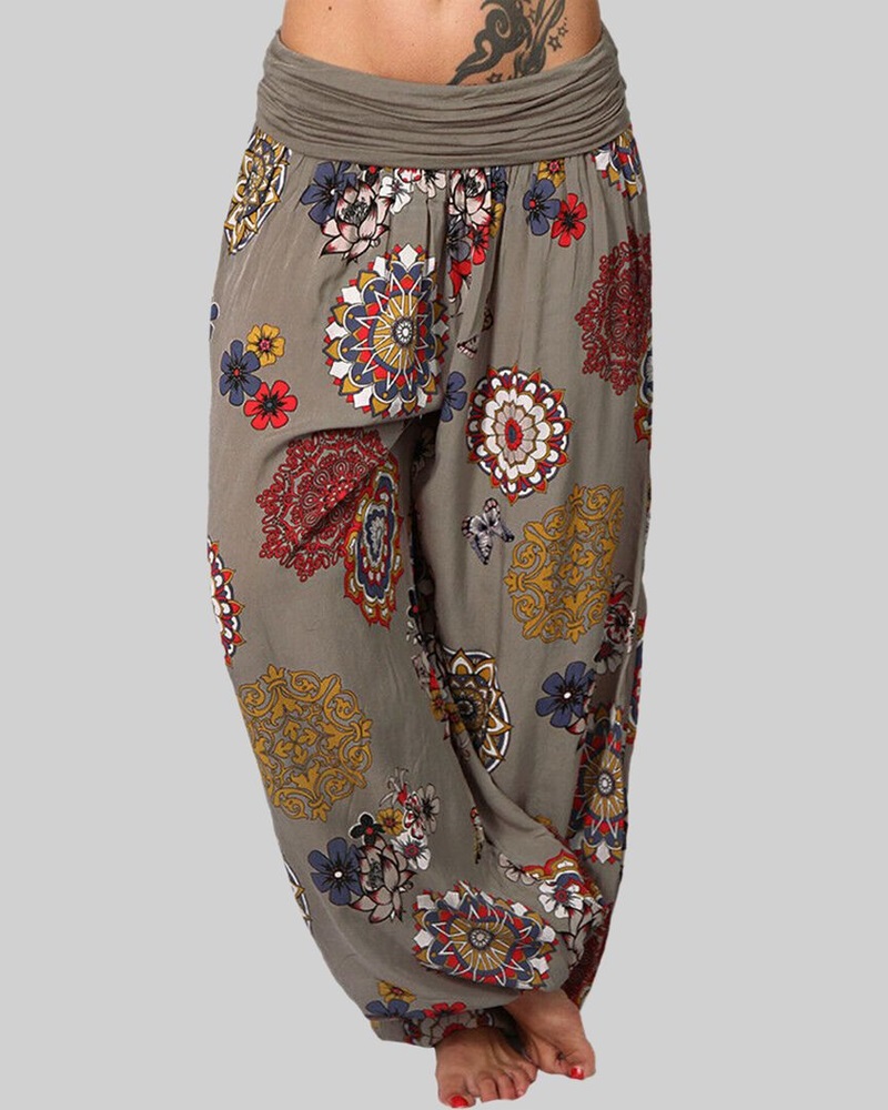 

Tribal Print Ruched Low Waist Harem Pants, Khaki