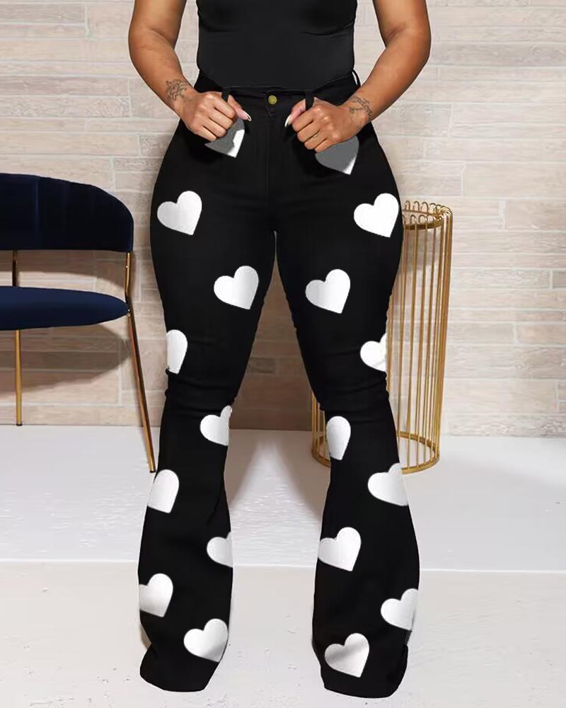 

Valentine's Day Heart Print High Waist Flared Leg Jeans, Black