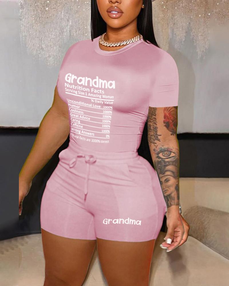 

Grandma Letter Print Top & Drawstring Shorts Set, Pink