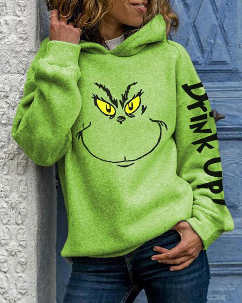 

Christmas Grinches Letter Print Hooded Sweatshirt, Green