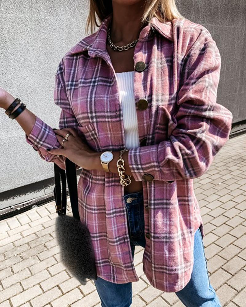 

Plaid Print Buttoned Long Sleeve Casual Shirt, Pink