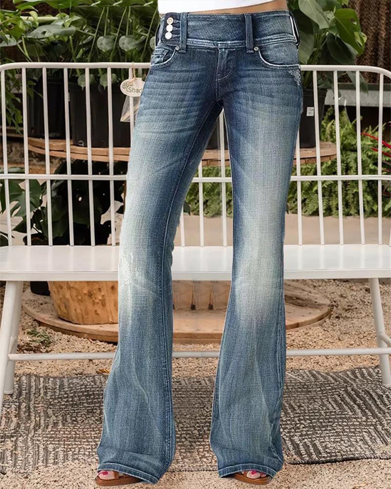 

Vintage Button Side Design Flared Leg Jeans, Dark blue