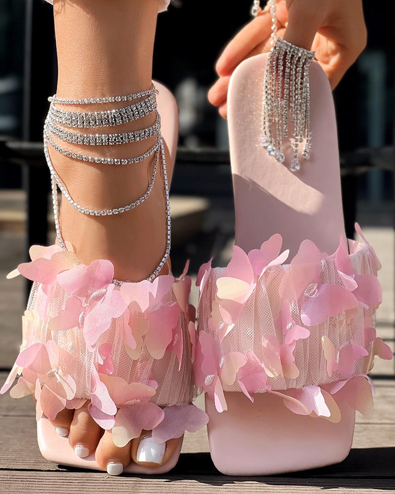 

Pantuflas con punta cuadrada y malla transparente con estampado de mariposas, Light pink