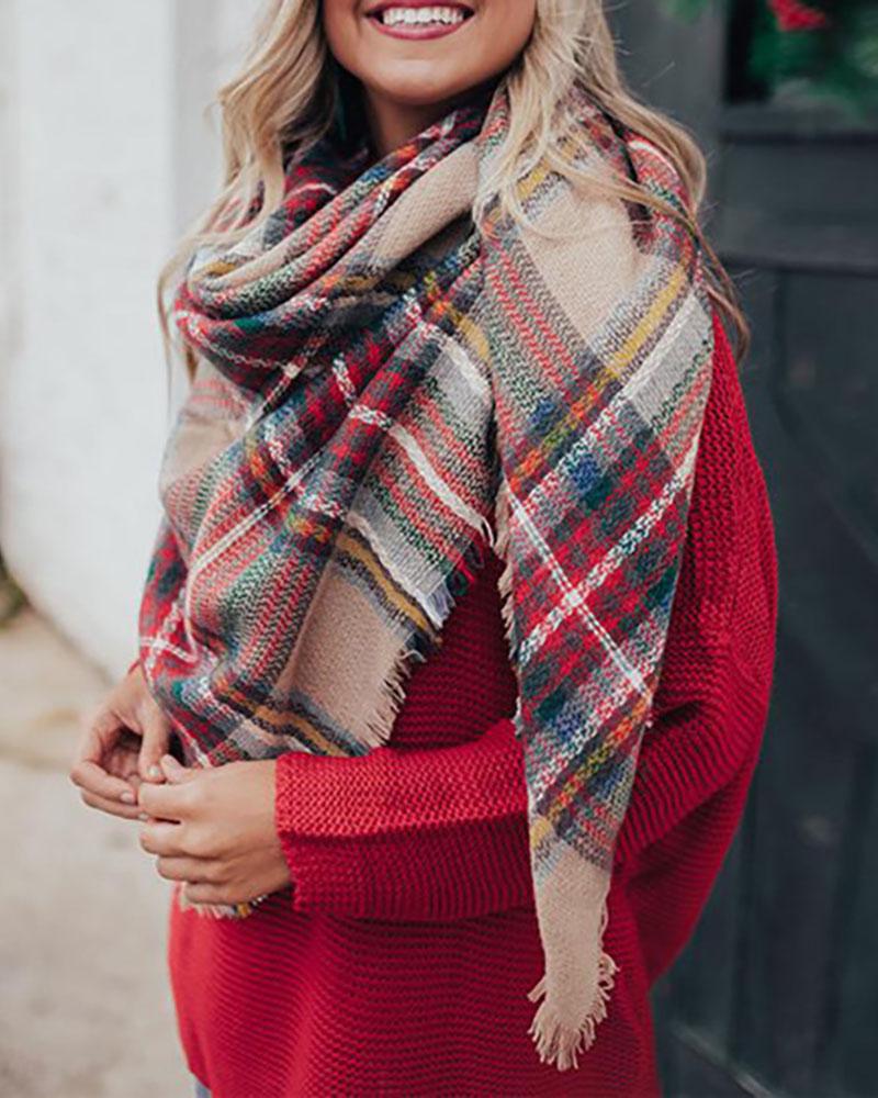 

Plaid Colorblock Fringe Hem Scarf, Red