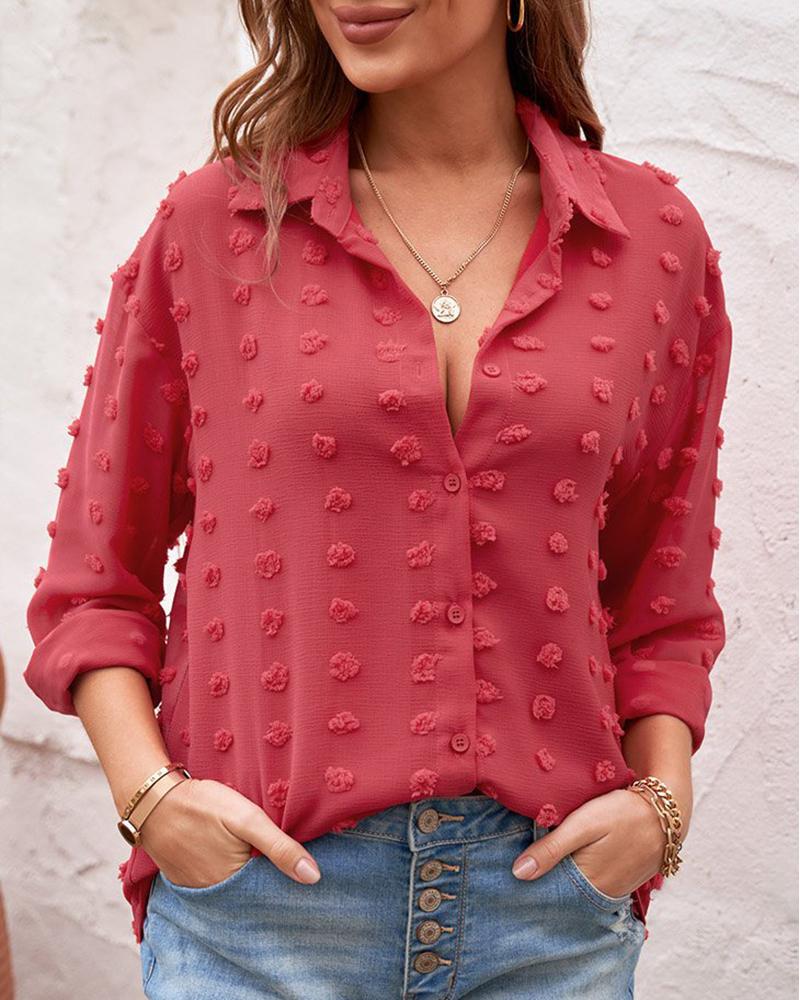 

Long Sleeve Swiss Dot Button Design Top, Red