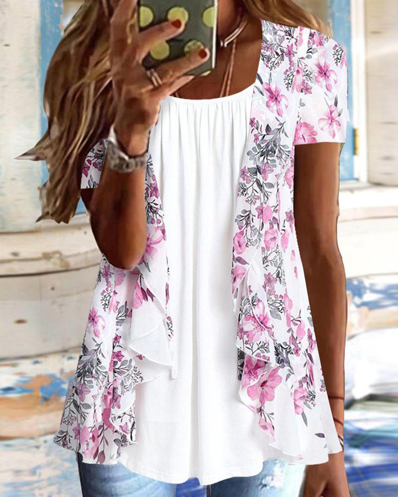 

Floral Print Ruffle Hem Flowy Top, Pink