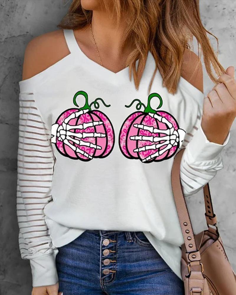

Halloween Pumpkin Print Cold Shoulder Top, White