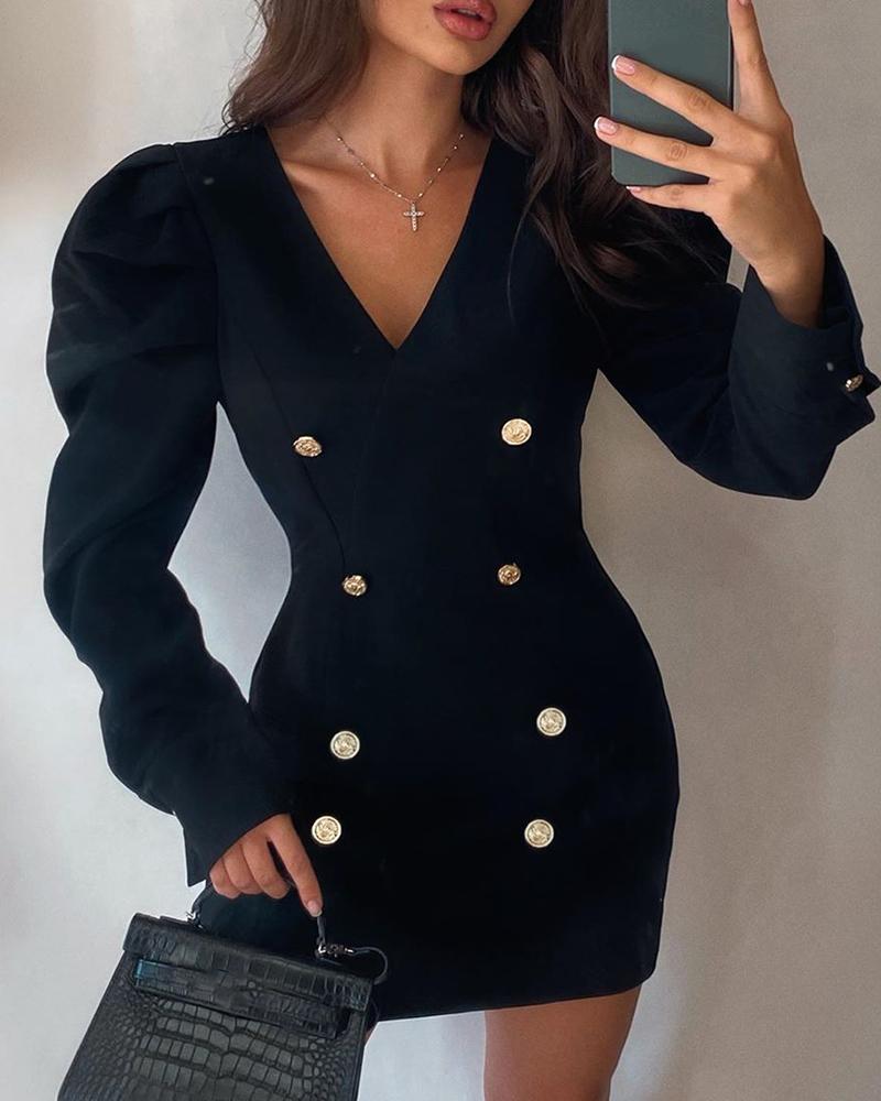 

Puffed Sleeve Double Breasted Bodycon Dress, Black