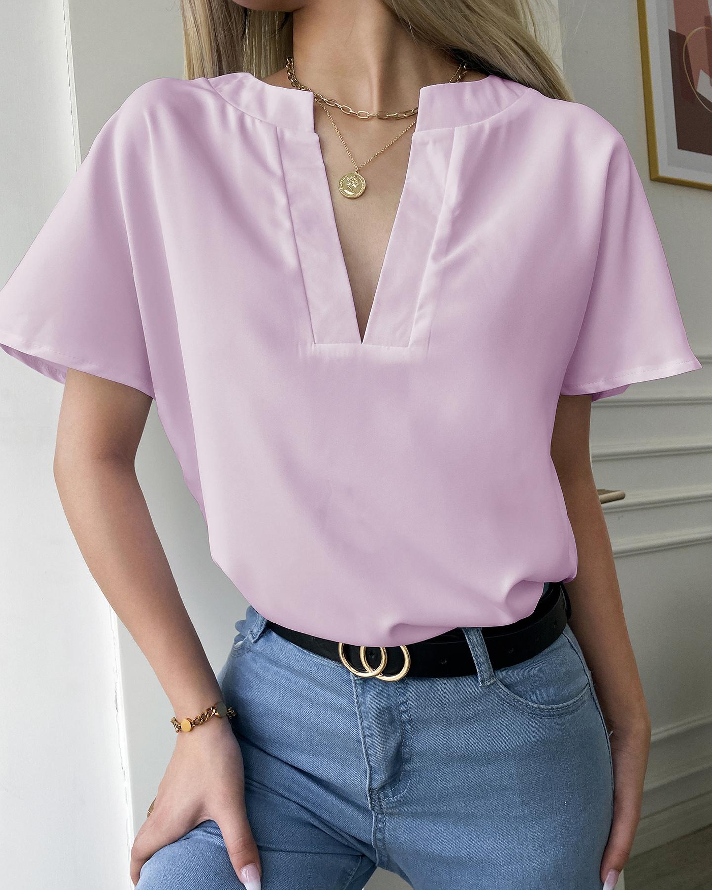 

Plain V-Cut Short Sleeve T-shirt, Pink