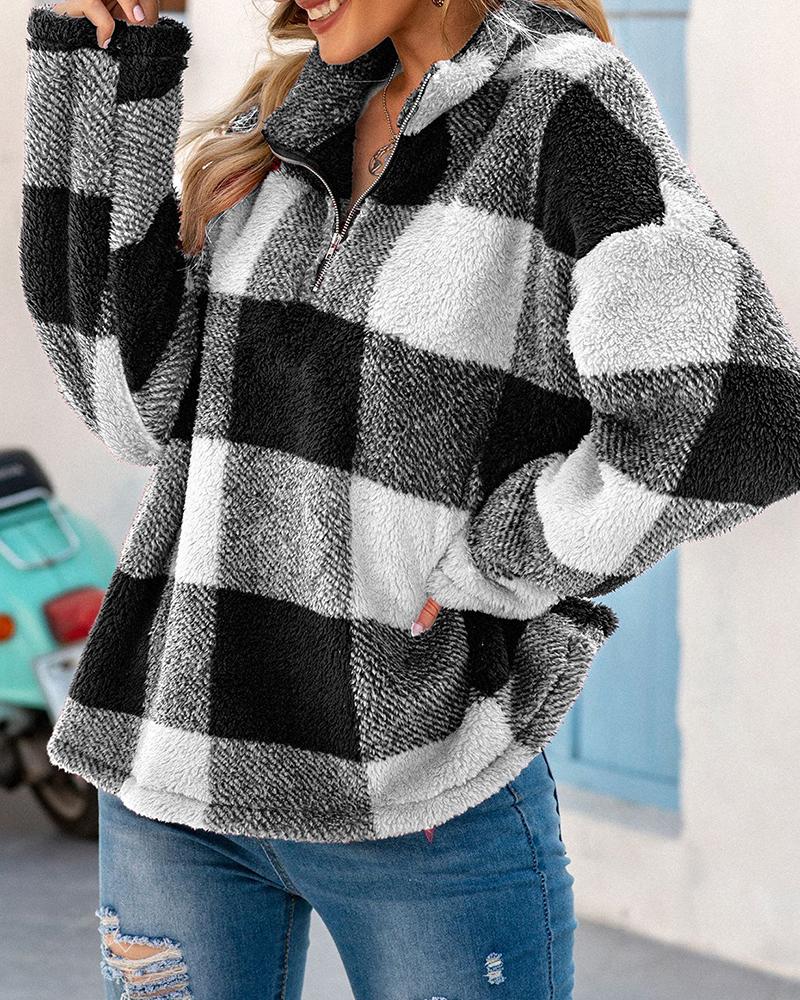 

Plaid Zipper Design Teddy Top, White